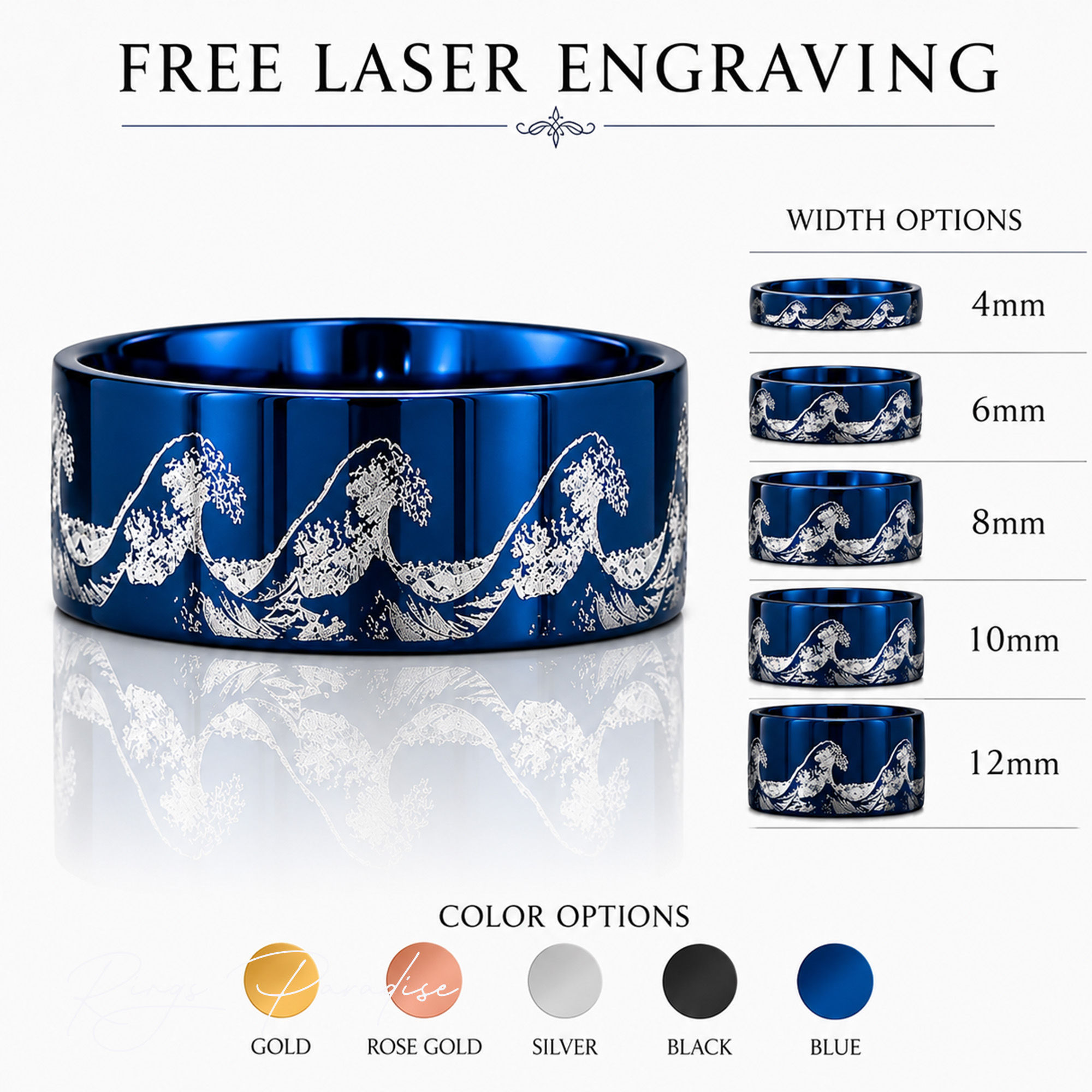 blue tungsten ring ocean wave engraving unisex wedding band