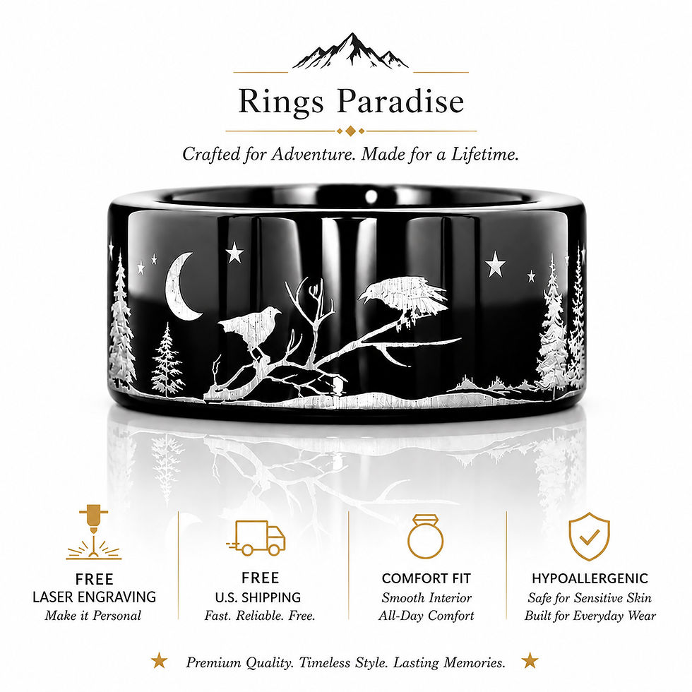Black tungsten raven ring with celestial forest engraving and crescent moon, 8mm comfort fit wedding band