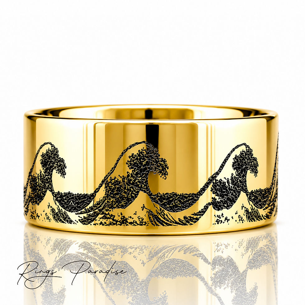 Thumbnail: beach inspired wedding band tungsten engraving close up