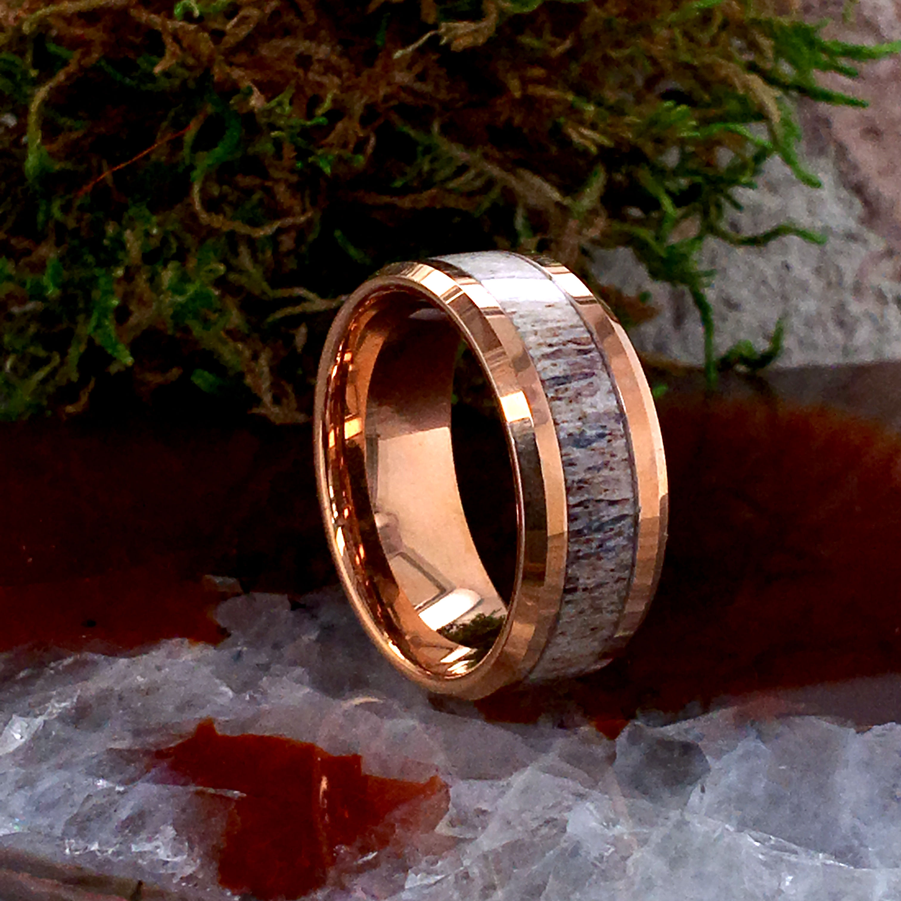 Matching Rings Set,Rose Gold Tungsten Carbide Ring, Real Deer Elk Antler Ring