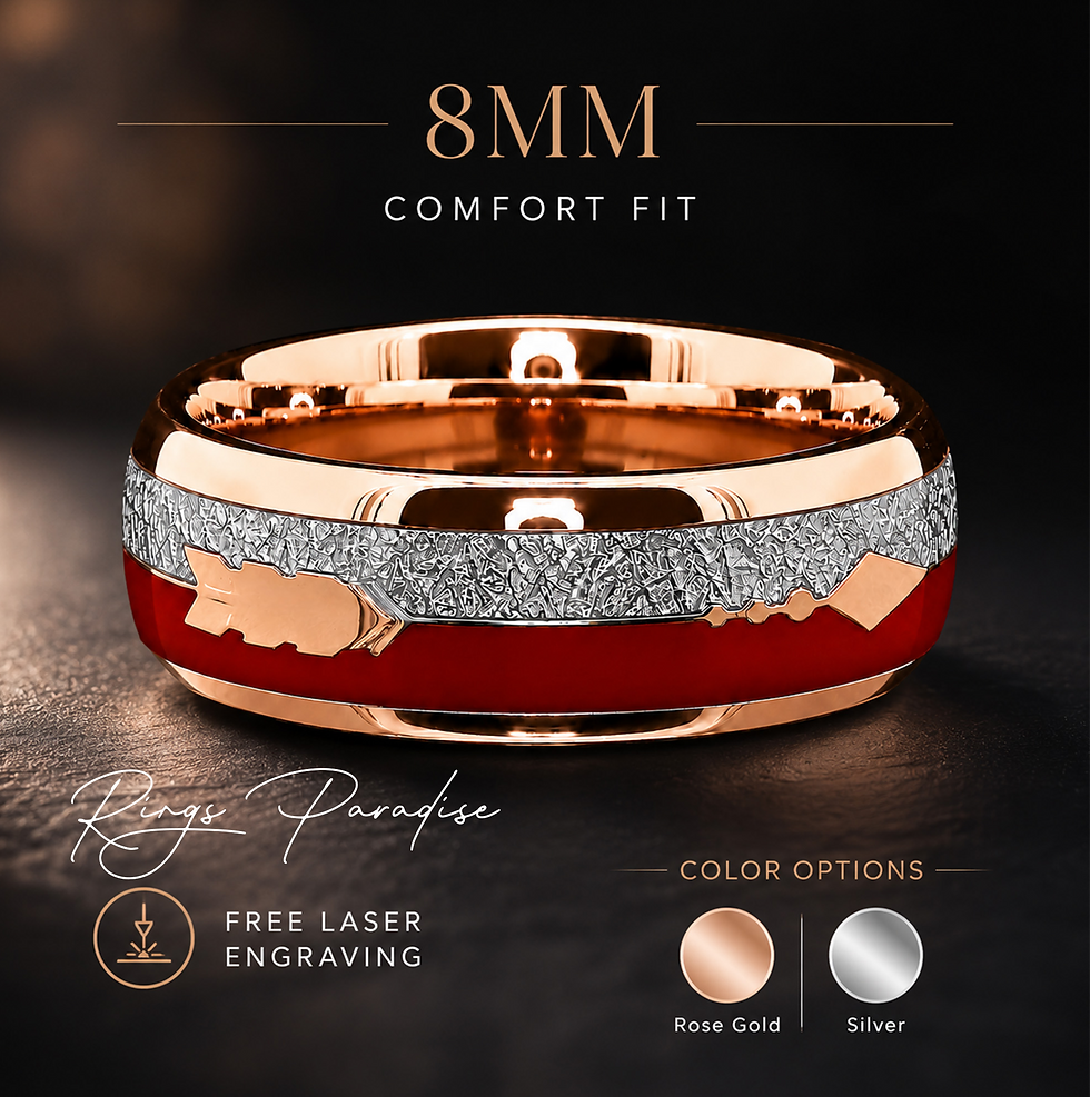 Rose gold tungsten wedding band with red inlay, silver meteorite texture, arrow accents, 8mm comfort fit free laser engraving