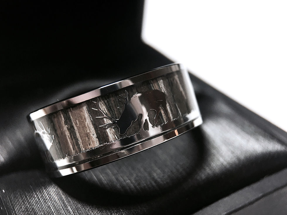 Thumbnail: Rustic silver tungsten wedding band with an intricate elk and forest pattern.