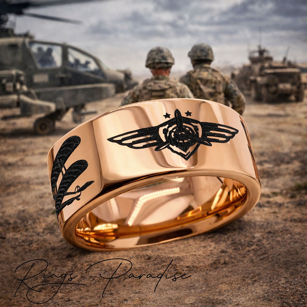 Thumbnail: rose gold tungsten wedding band airplane engraving aviation ring luxury military background