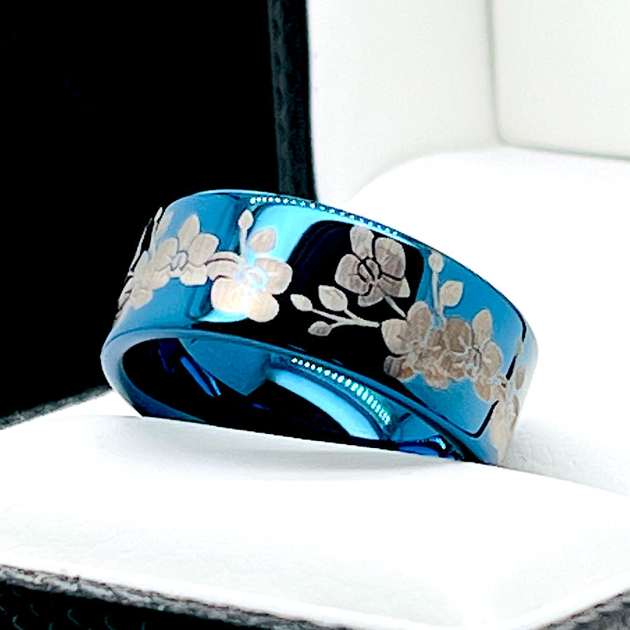Thumbnail: Blue tungsten carbide ring engraved with orchid floral pattern, 8mm unisex comfort-fit promise or wedding band for men, women