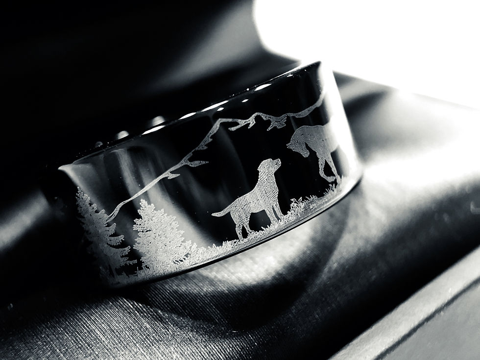 Thumbnail: Horse and Dog Facing Each Other Black Tungsten Carbide Ring by Rings Paradise