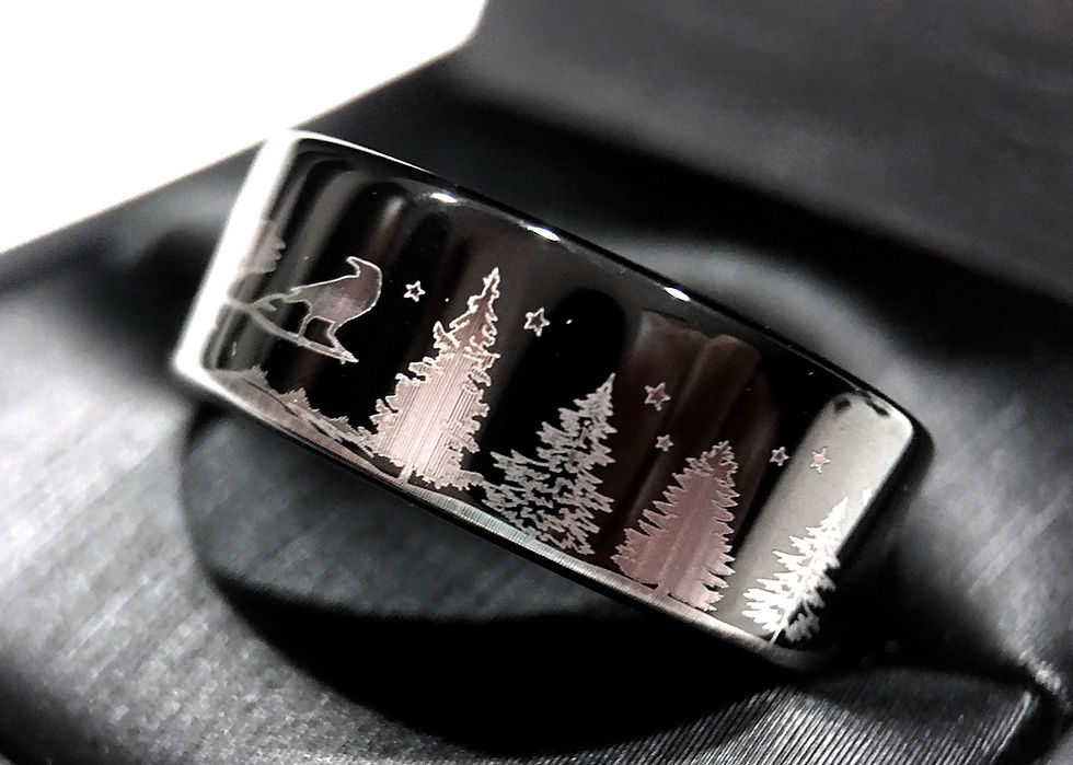 Thumbnail: Ravens Sitting on the Branches, Moon and Stars Pattern Engraved Black Tungsten Carbide Ring, Mens Ring, Wedding Band, Custom