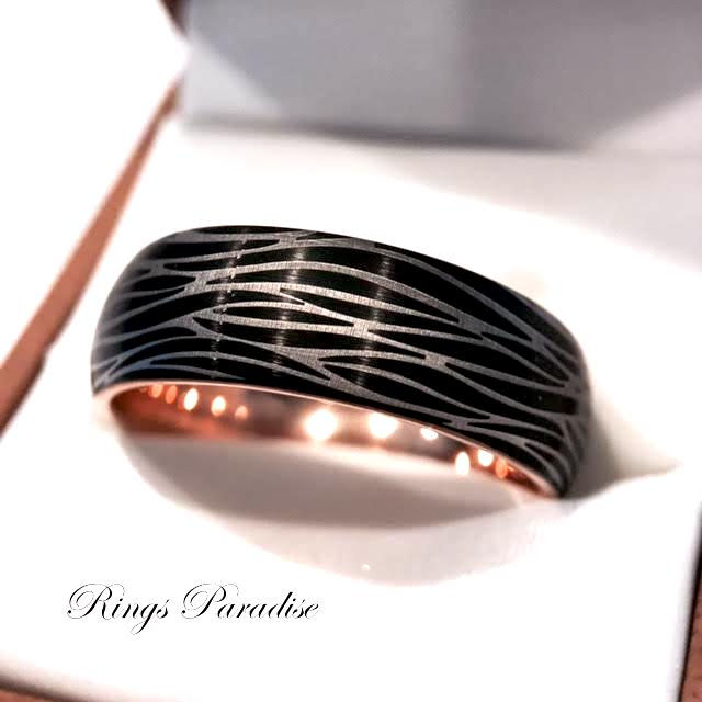 Thumbnail: Damascus Design Black and Rose Gold Tungsten Ring, Domed Ring, Brushed, 8mm