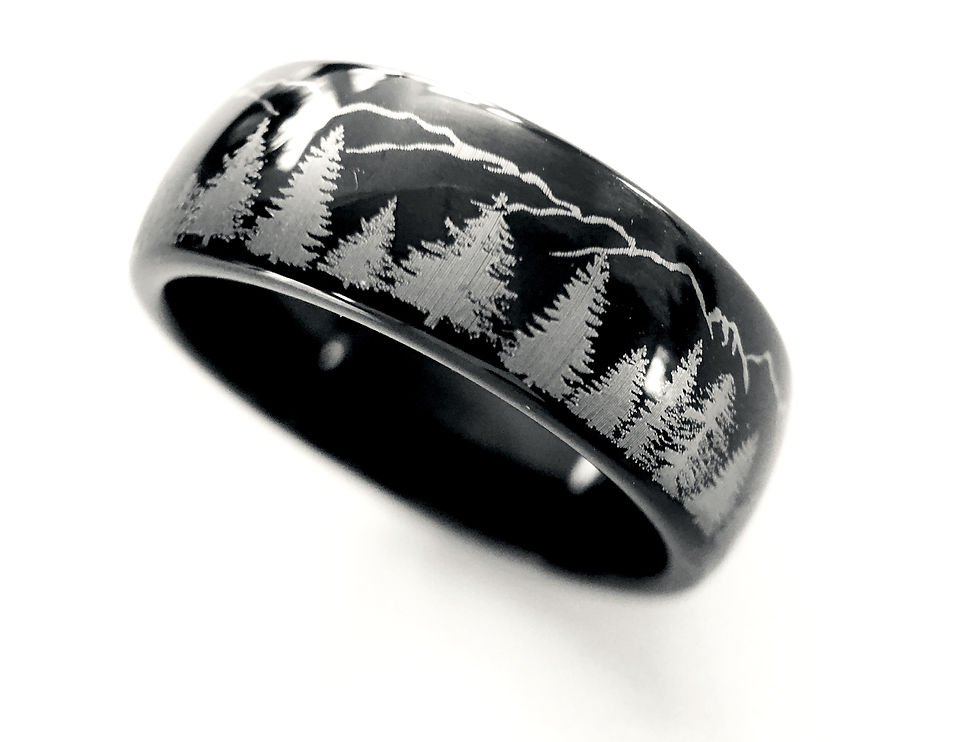 Thumbnail: Black Tungsten Ring, Fir Trees & Mountains  Range  Ring - 8mm