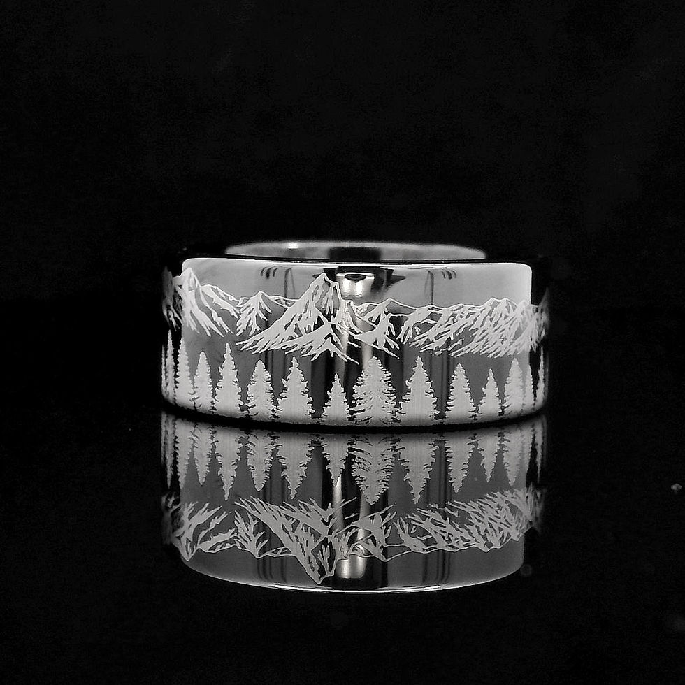 Thumbnail: Black tungsten ring with engraved fir trees and mountain range, nature-inspired wedding band, unisex durable tungsten ring.
