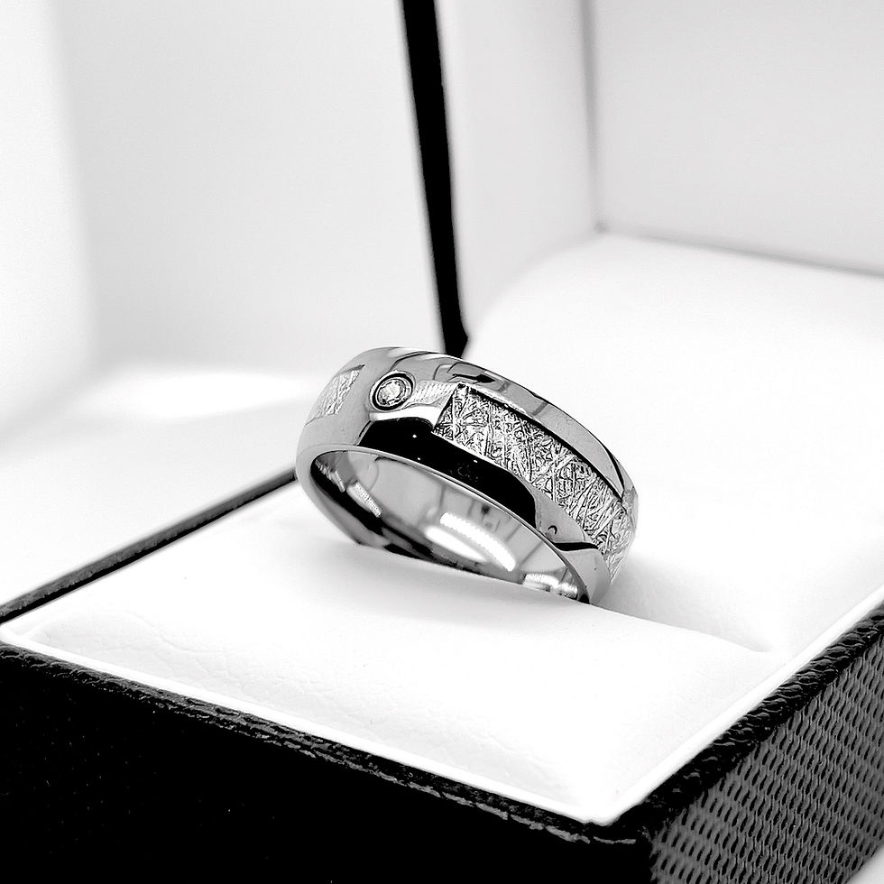 Thumbnail: Meteorite Inlay Tungsten Carbide Wedding Band, Mens ring, women ring, diamond stone, dome shape, high polished 