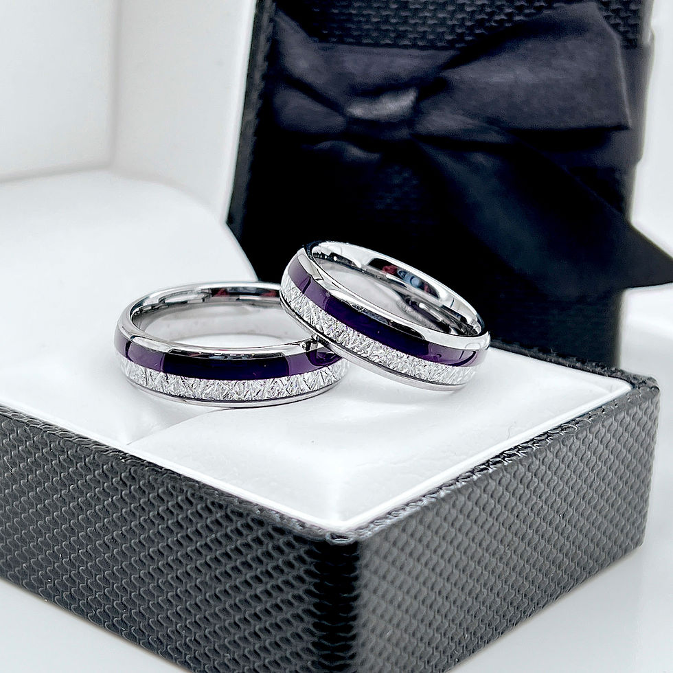 Thumbnail: Purple Agate and Meteorite Inlay Tungsten Carbide Ring, Mens and Women Rings, Matching Rings Set, 6mm