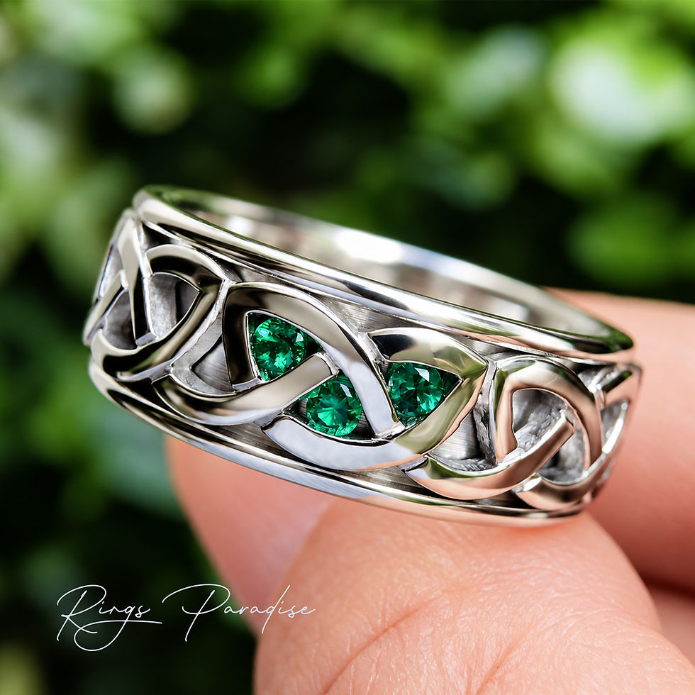 14K Gold Celtic Knot Wedding Band with Green Emerald Stones