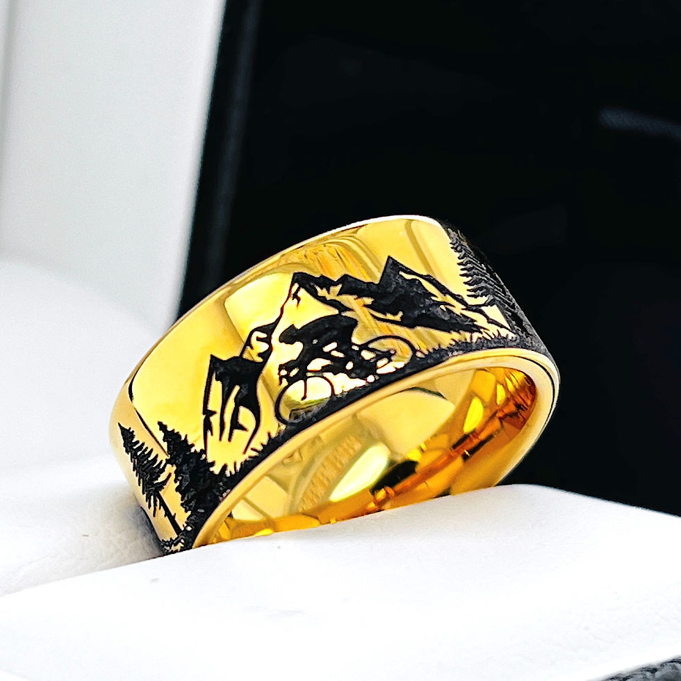 Thumbnail: Engraved tungsten men’s ring with mountain bike and forest outdoor design