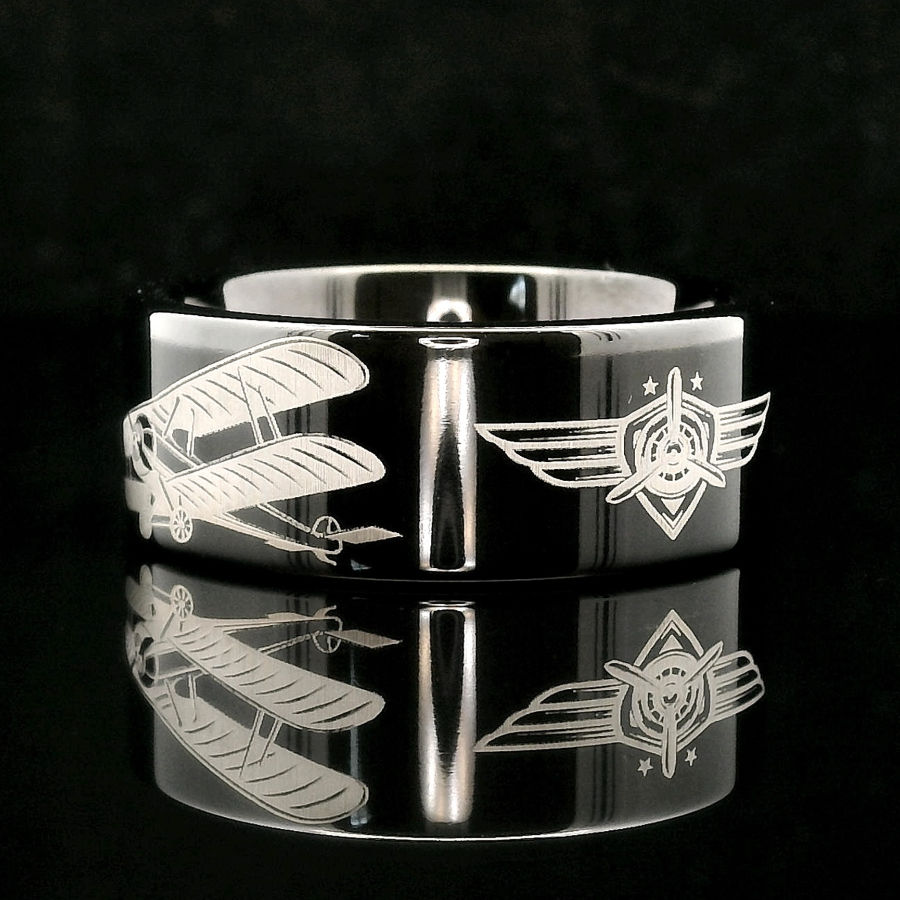 Thumbnail: black tungsten wedding band airplane engraving aviation ring luxury military background