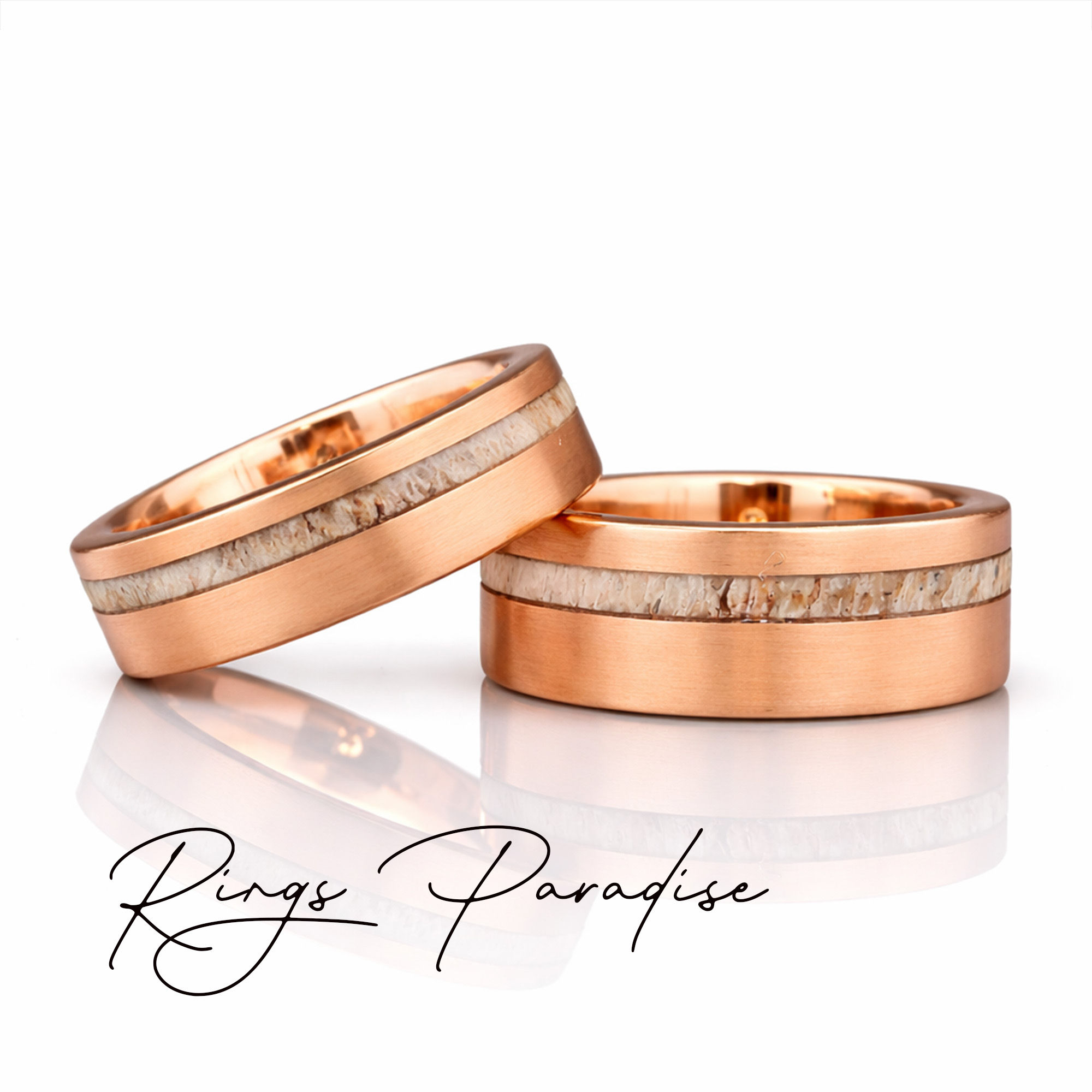 Rose gold tungsten wedding band with natural antler inlay, unisex 7mm 9mm ring.