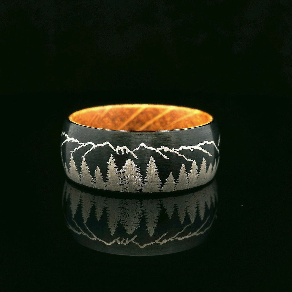 Thumbnail: pine trees and mountains ring with whiskey barrel wood inlay and black tungsten band