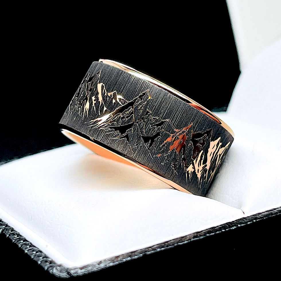 Thumbnail: Tungsten Carbide Ring Mountains Range Pattern Engraved,  Tungsten Wedding Band, Men's Tungsten Ring, Custom Engraved Wedding