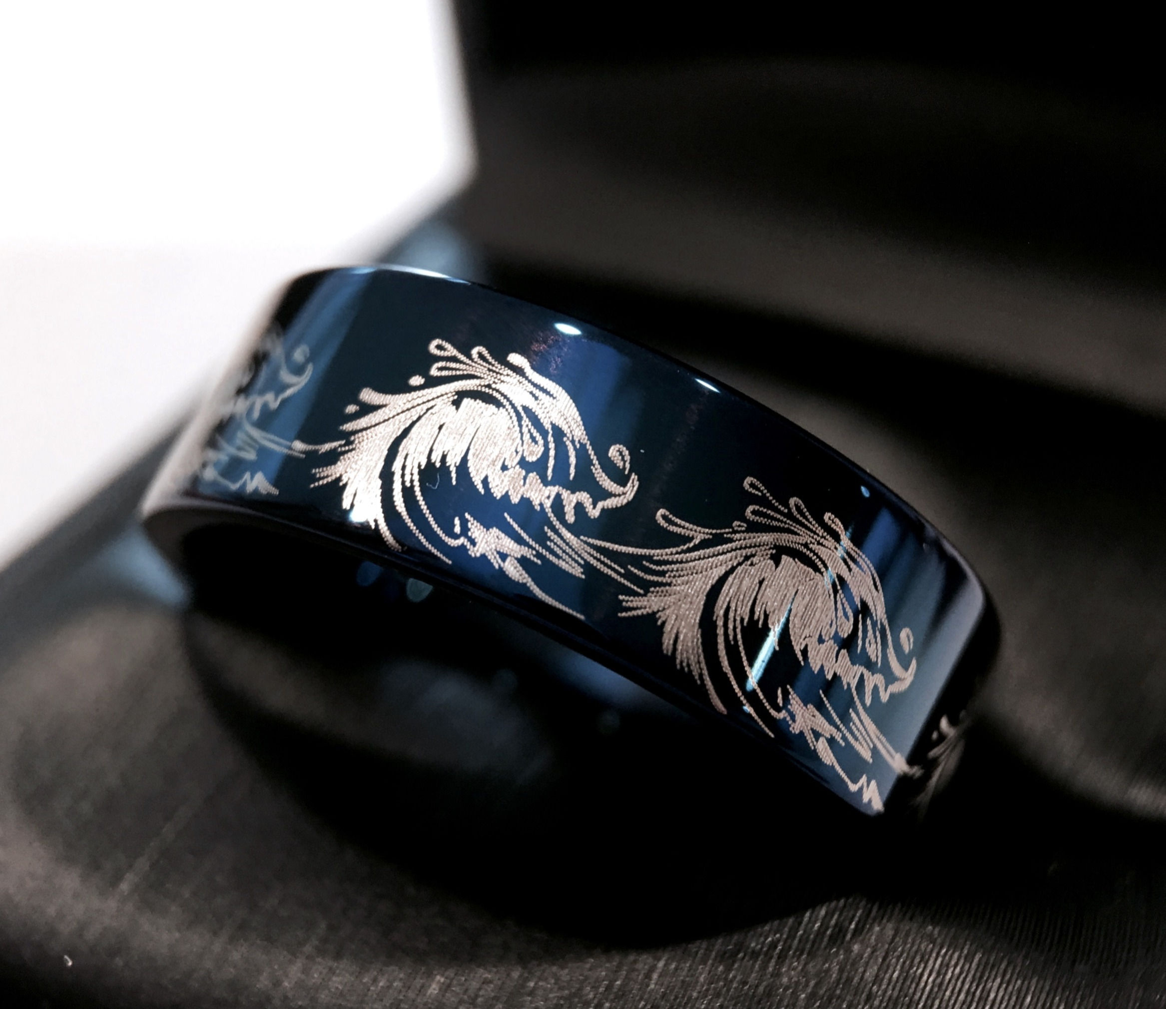 Ocean Wave Ring, Blue Tungsten Ring, Mens Wedding Band, Mens Ring, Women Ring