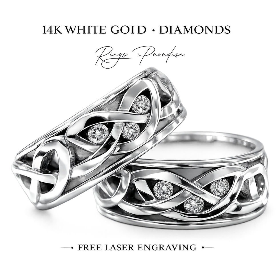 14K white gold Celtic knot ring featuring three diamonds and an intricate Irish-inspired design