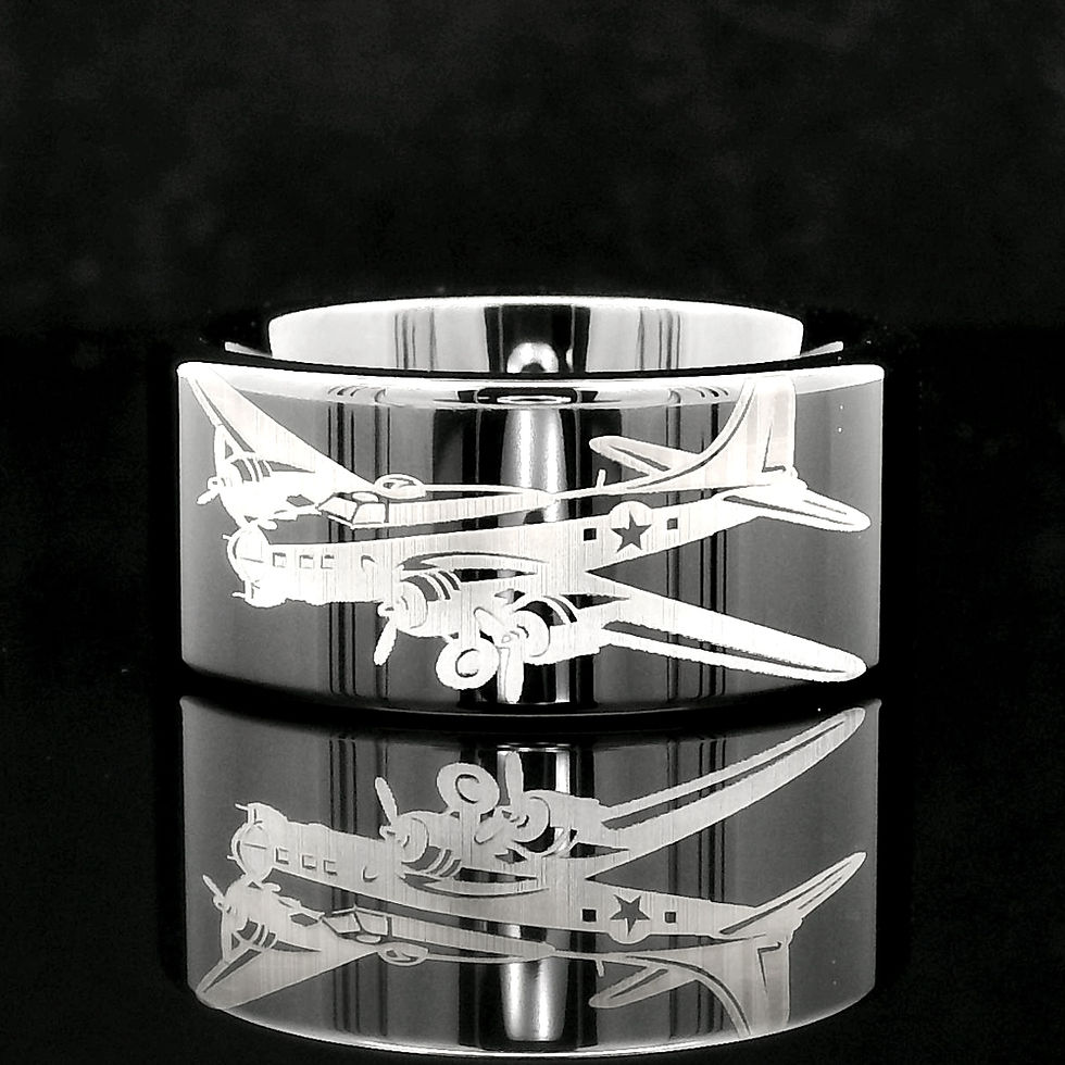 Thumbnail: Tungsten carbide wedding band engraved with B-17 airplane design, 8mm 10mm men’s ring