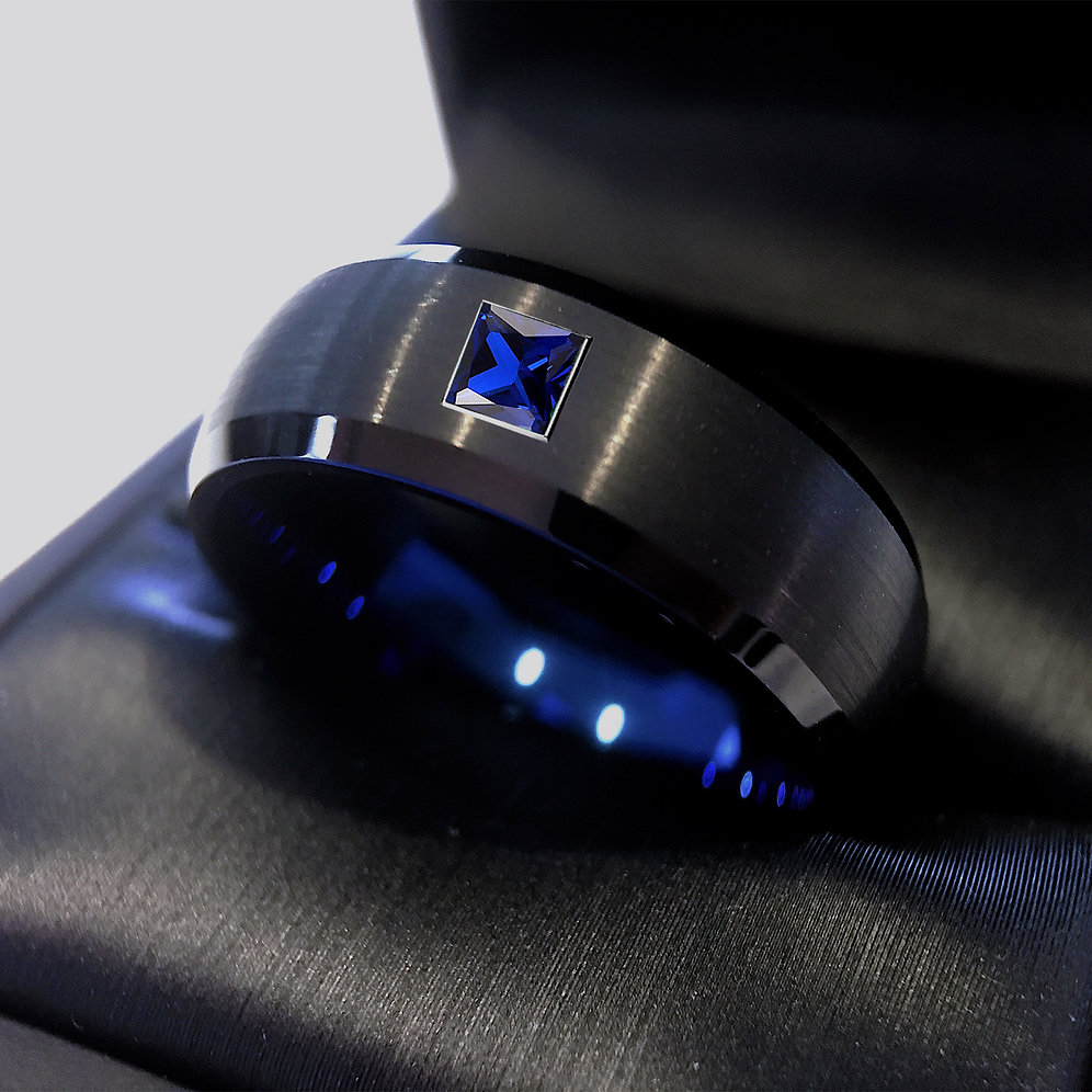 Black and Blue Tungsten Ring with Square Sapphire Stone Setting 8mm