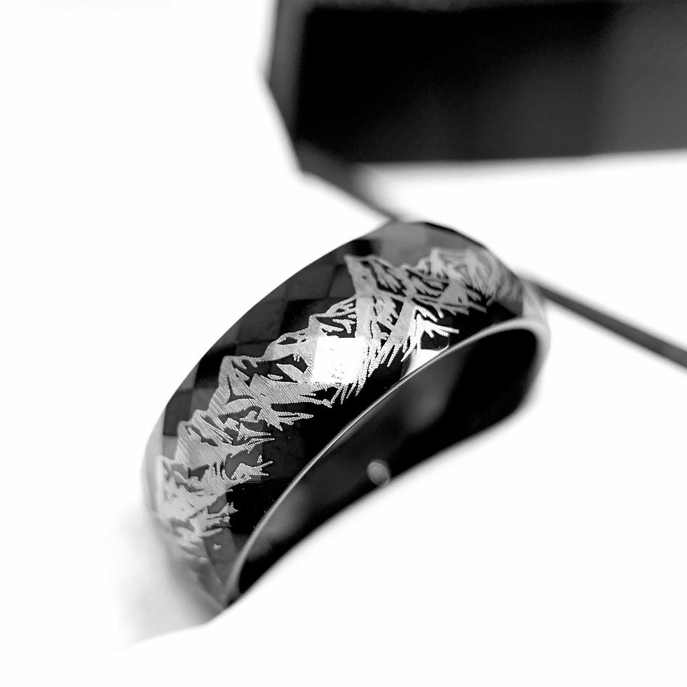 Thumbnail: Mountains Range Engraved Black High Polished Tungsten Ring, Wedding Band, 8mm