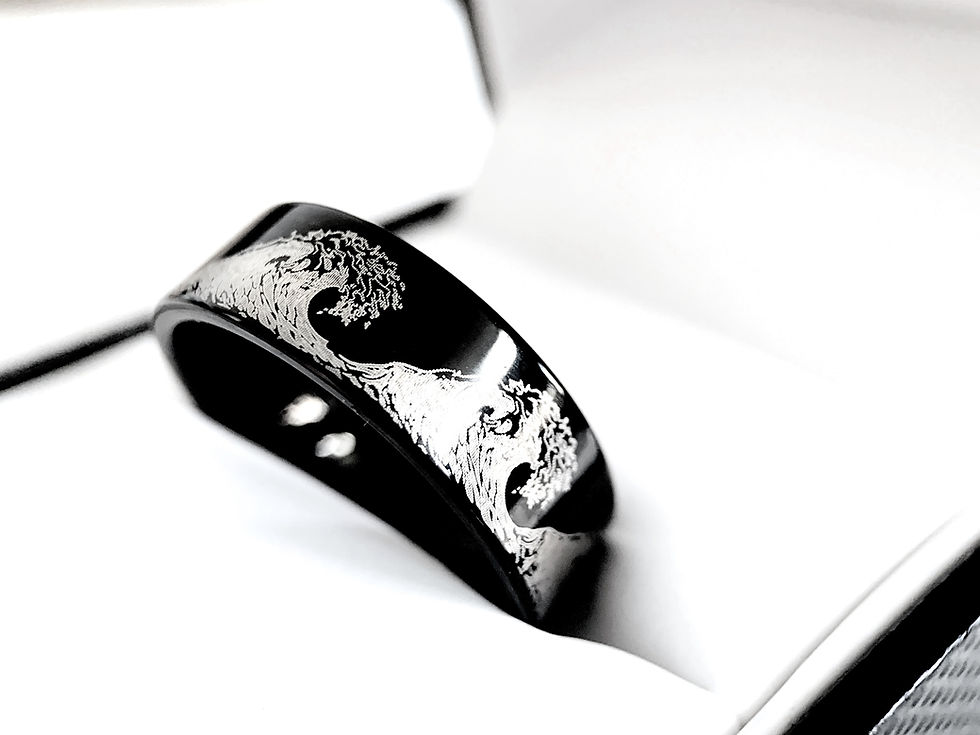 Thumbnail: black tungsten ring wave engraved ocean design 8mm 10mm 12mm,