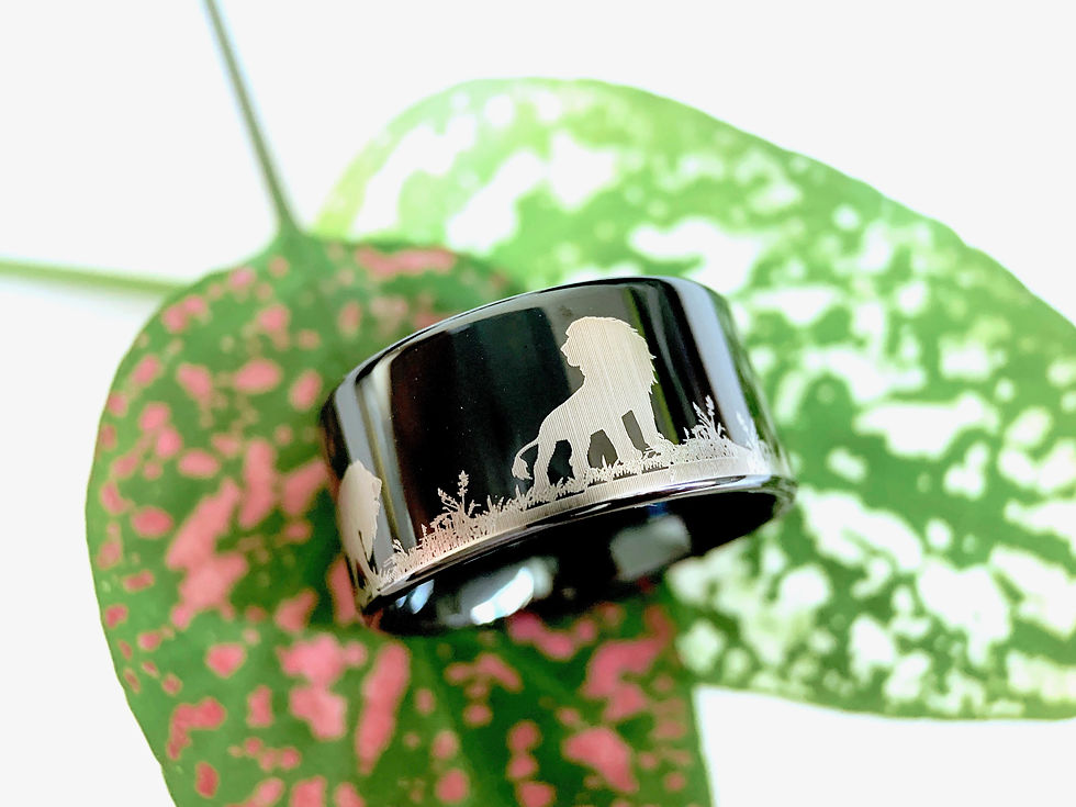 Thumbnail: Lions Pattern Engraved Black Tungsten Ring, Hunter Ring, Mens  Promise Ring