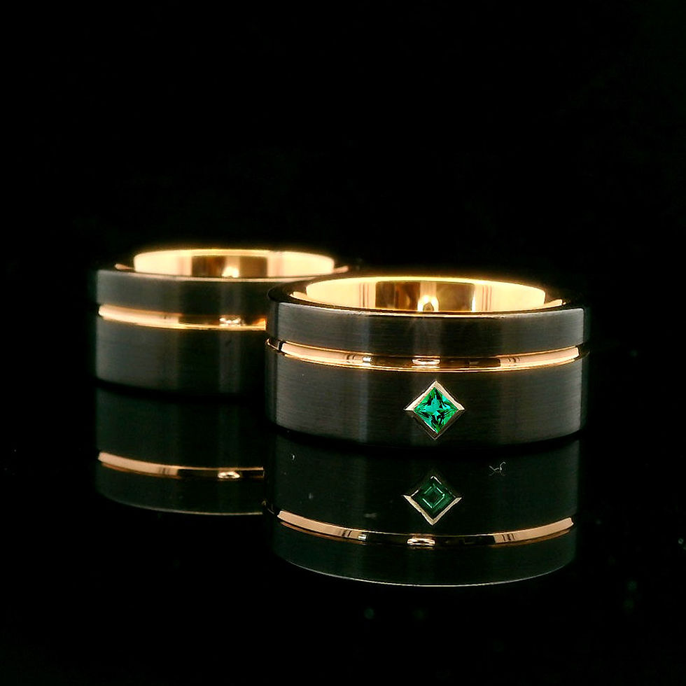Thumbnail: two tone, black and rose gold mens wedding ring featuring green emerald stone, his and hers