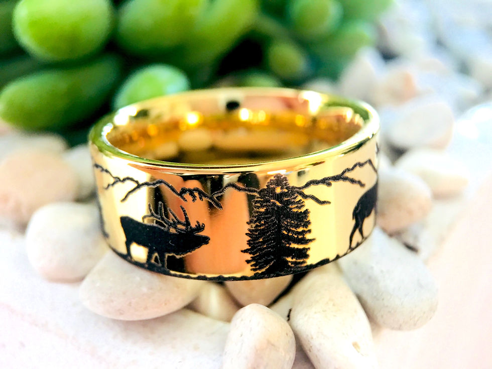 Thumbnail: Wedding Bands, Yello Gold Tungsten, Antler Ring, Mountains Forest landscape
