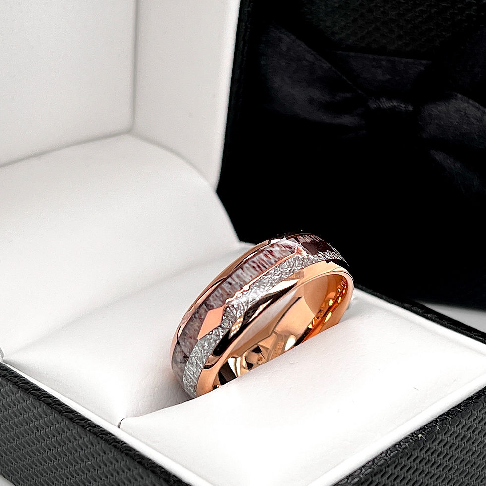 Thumbnail: Real Antler Meteorite Inlay Tungsten carbide Wedding Bands Set, Matching rings set, Couples Ring, arrow inlay, 8mm