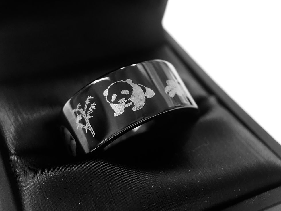 Thumbnail: Cute Panda Bears Engraved Black Tungsten Carbide Ring