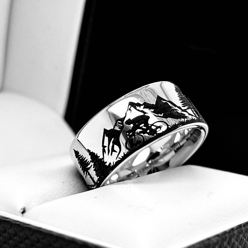 Thumbnail: Mountain Climbing Cyclists Engraved Tungsten Carbide Ring, Promise Ring His Hers, mens ring