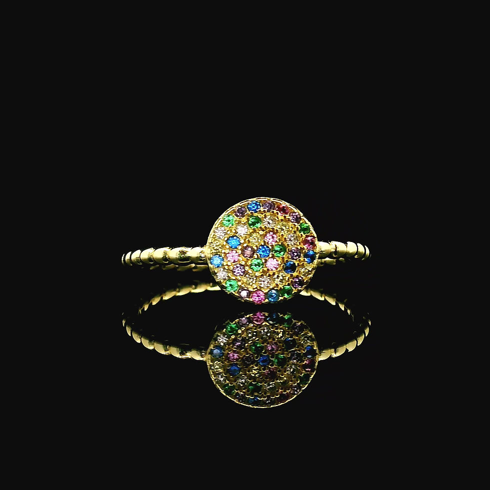 Dainty yellow gold-plated ring with rainbow CZ disc and beaded wire band, minimalist gift ring