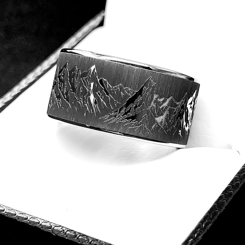 Thumbnail: Mountains Range Pattern Engraved Tungsten Ring Wedding Bands, Matching Rings Set