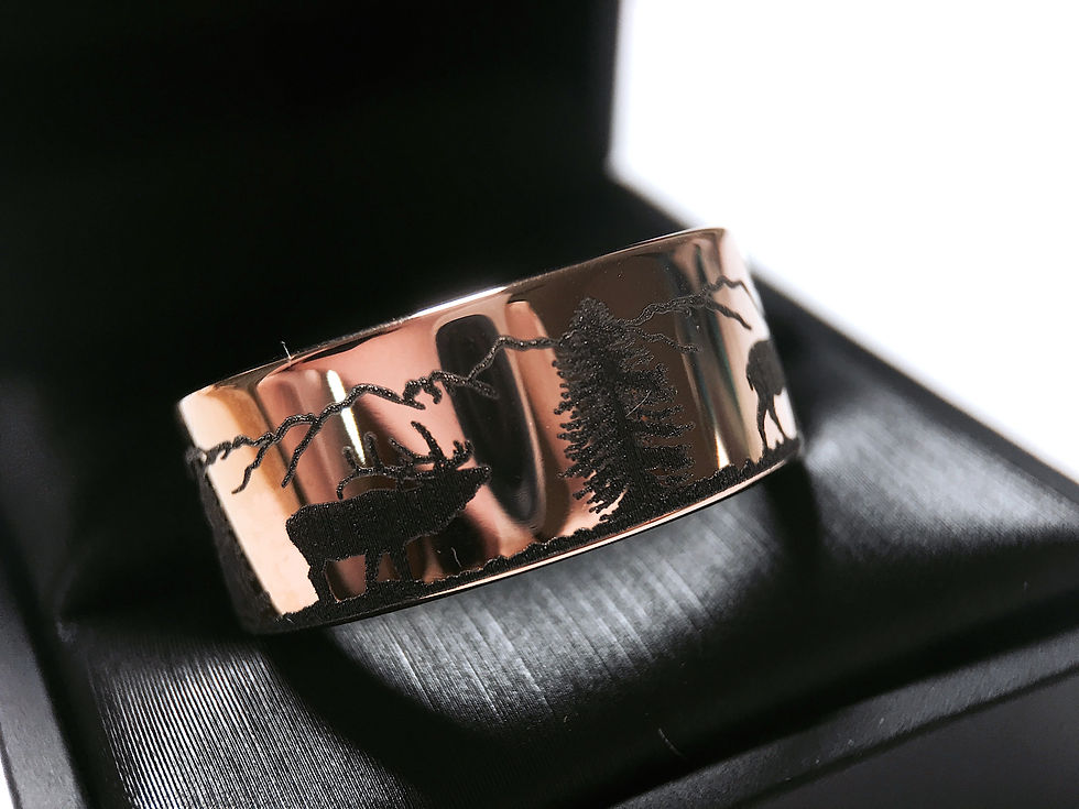 Thumbnail: Deer Elk Stag Pattern Engraved Tungsten Band, Custom Engraved Tungsten Ring