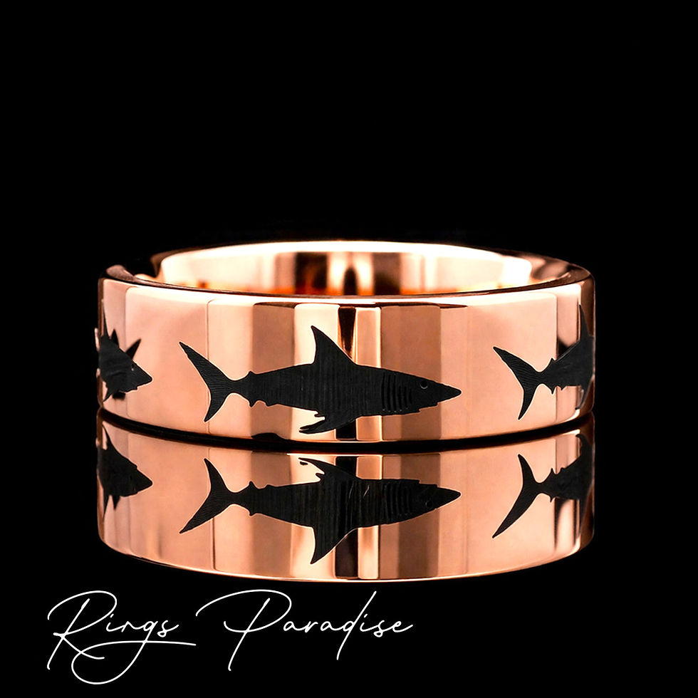 Thumbnail: Rose gold  tungsten rings with engraved shark and ocean design, available in 6mm to 12mm widths, ideal for wedding