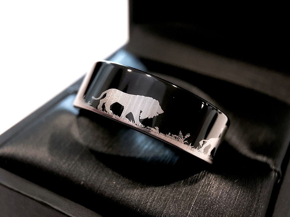 Thumbnail: Lions Pattern Engraved Black Tungsten Carbide Ring, Mens Ring, Wedding Band