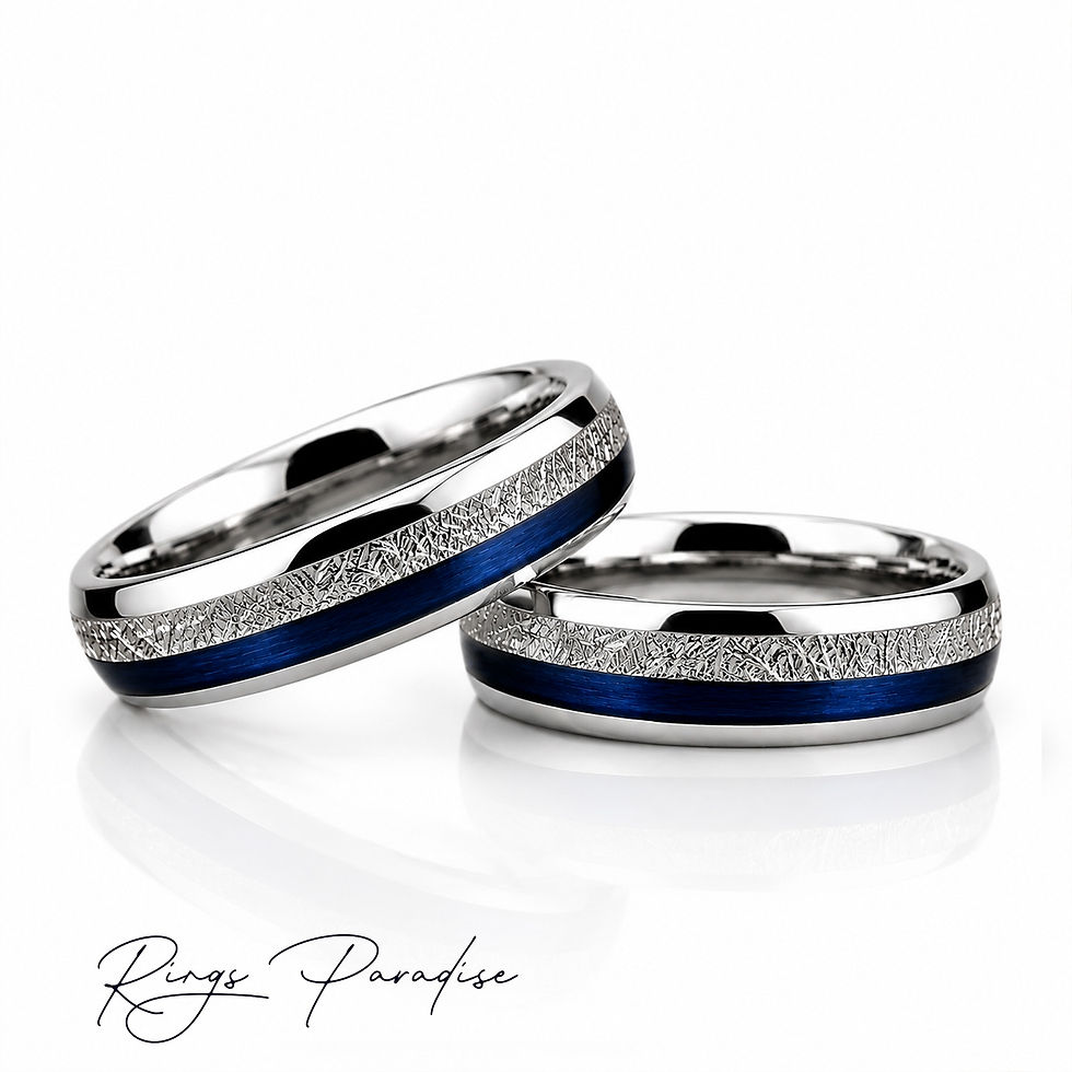 Set of two silver tungsten wedding bands with blue agate and meteorite-inspired inlays, dome profiles, and complementary 6mm