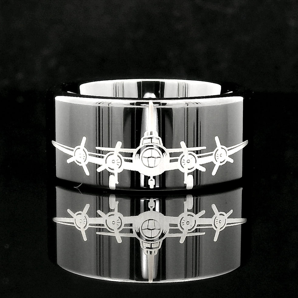 Thumbnail: Tungsten carbide wedding band engraved with B-17 airplane design, 8mm 10mm men’s ring