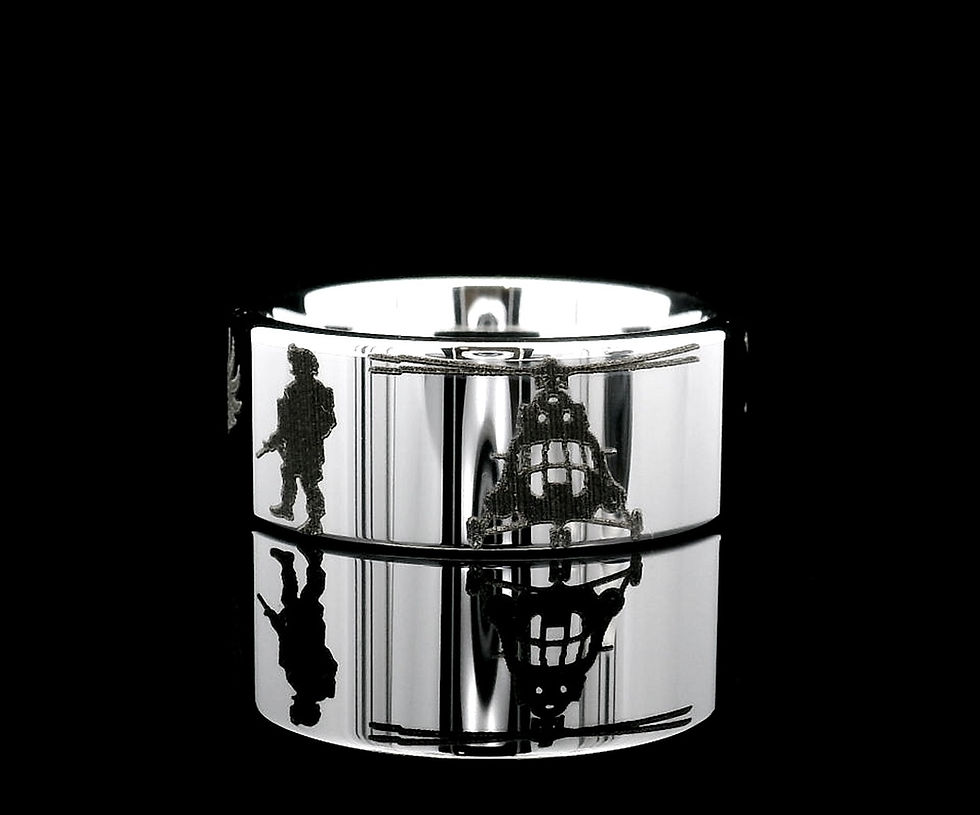 Thumbnail: US Army tungsten carbide ring engraved with an American flag and military helicopter.