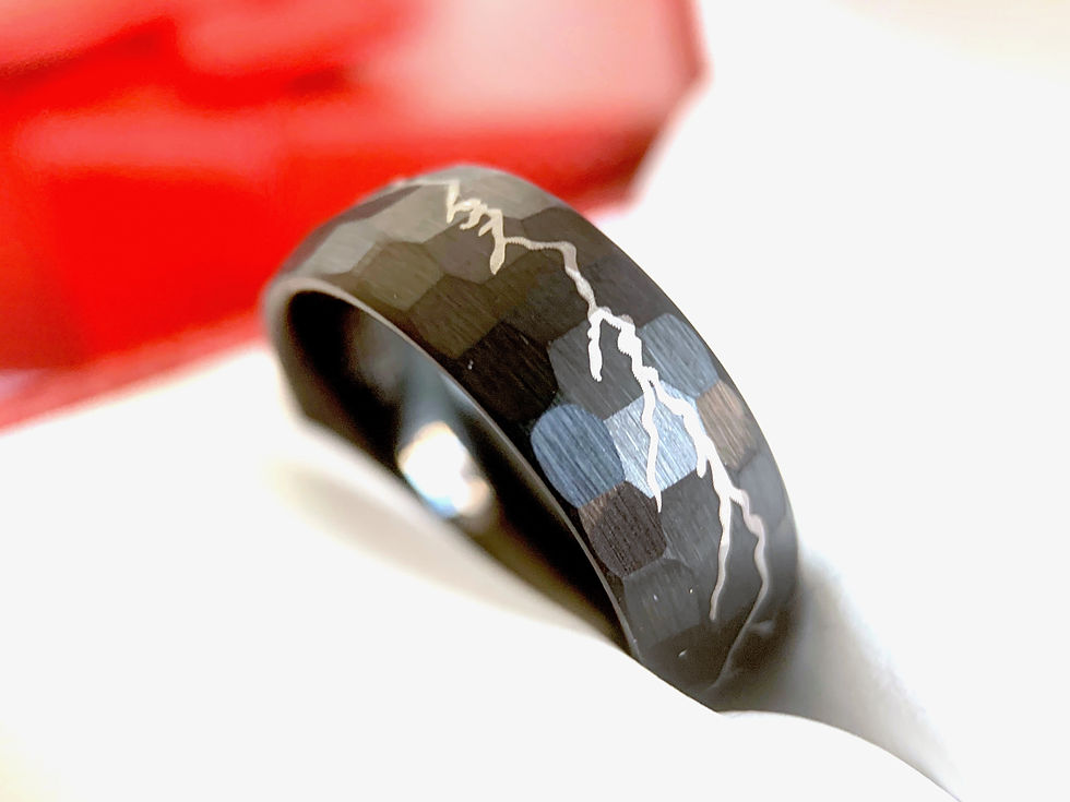 Thumbnail: Black Hammered Tungsten Ring, Mountains Range Engraved Ring, Wedding Bands - 8mm