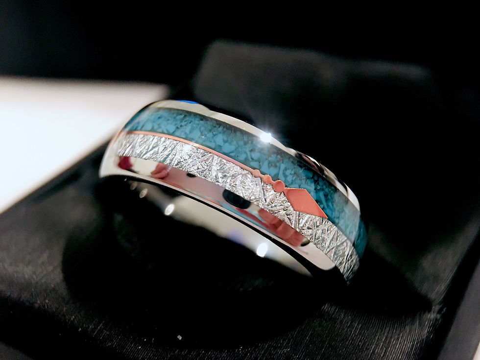 Thumbnail: Turquoise and Meteorite Inlay Tungsten Carbide Ring with Rose Gold Arrow - 8mm
