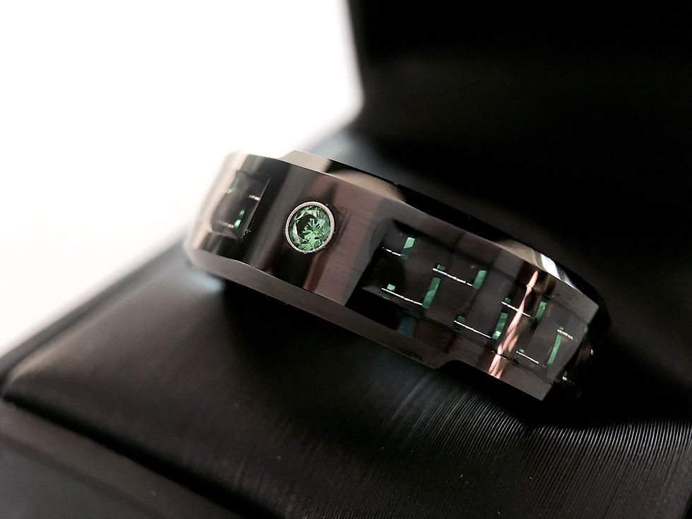 Thumbnail: Men’s 8mm tungsten ring with green carbon fiber inlay, comfort fit wedding or engagement band