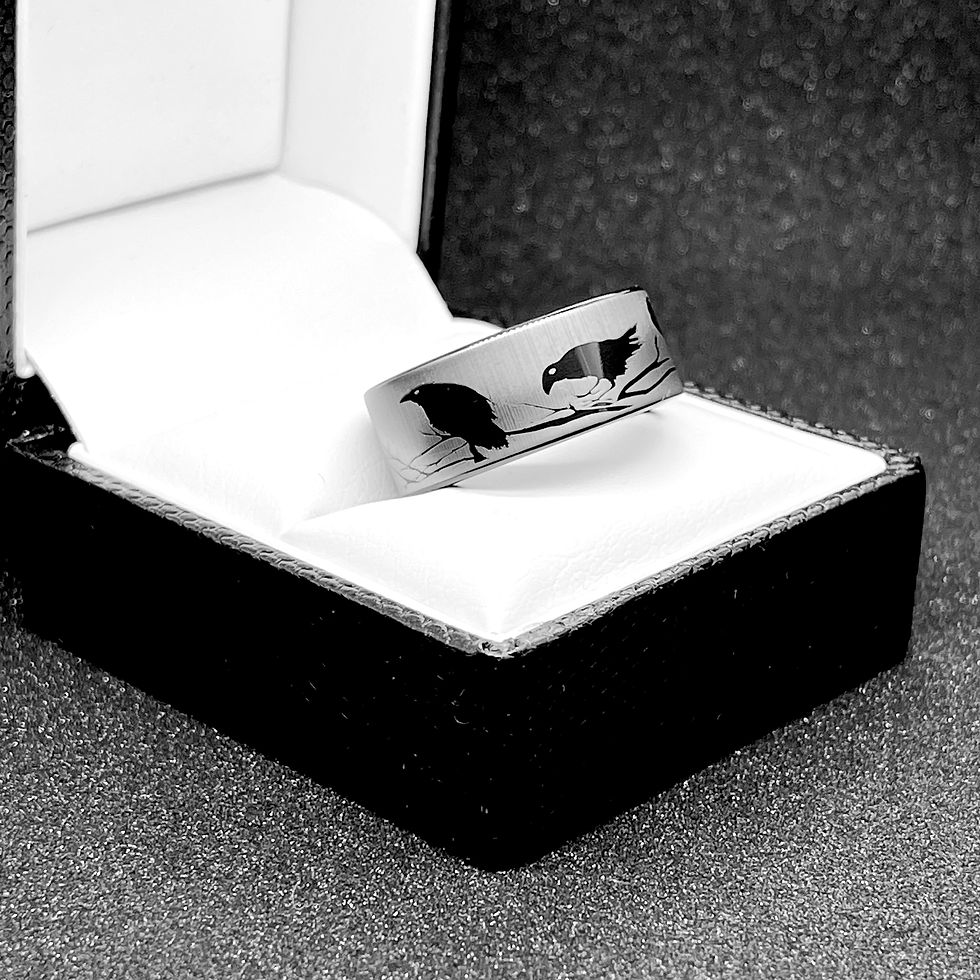 Thumbnail: Ravens on the Bushes Pattern  Engraved Black Tungsten Carbide Ring, His & Her Wedding Bands, Nature Rings, Ravens Ring
