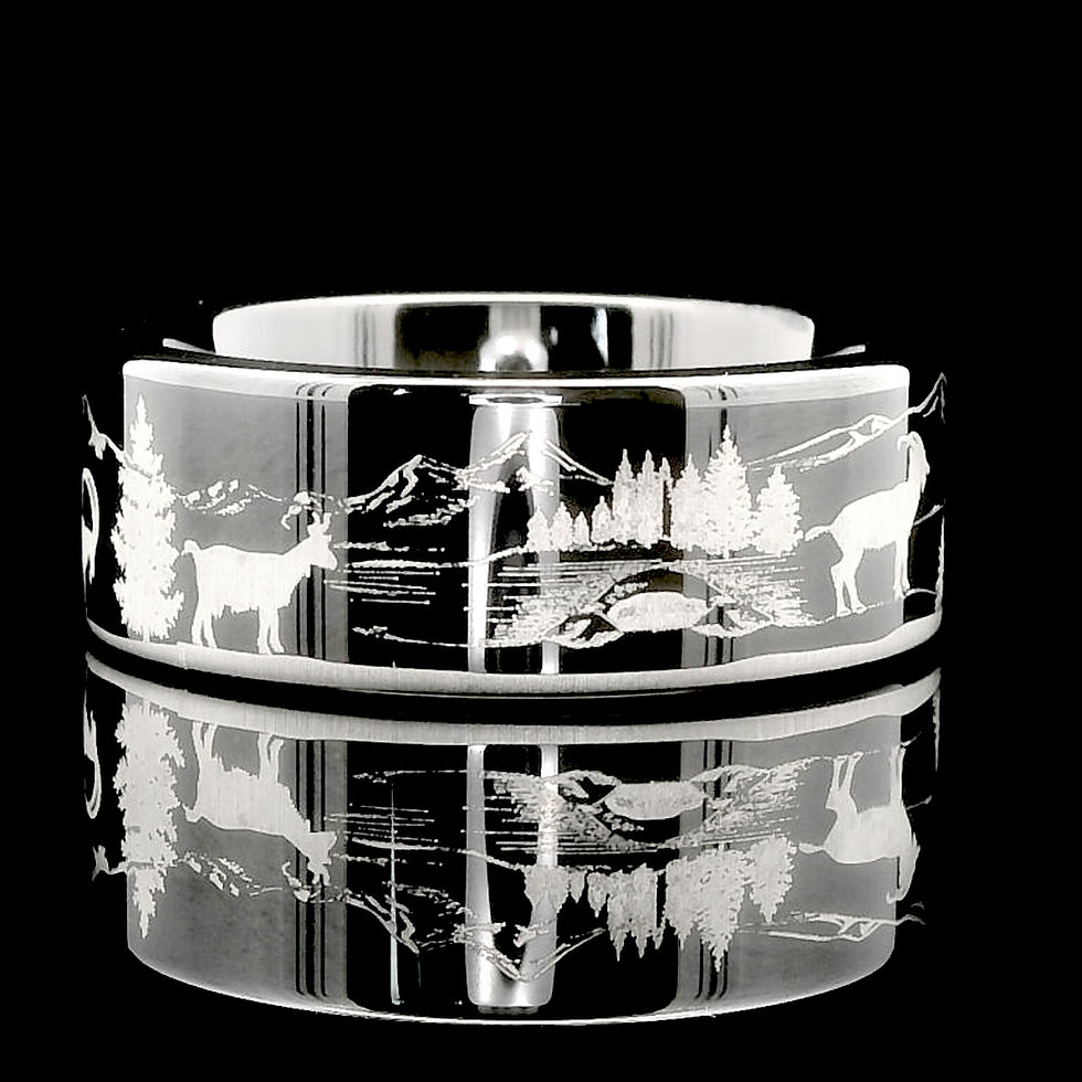 Thumbnail: Mountain Goats in Forest Pattern Engraved Black Tungsten Ring with detailed nature-inspired design, perfect for men and women