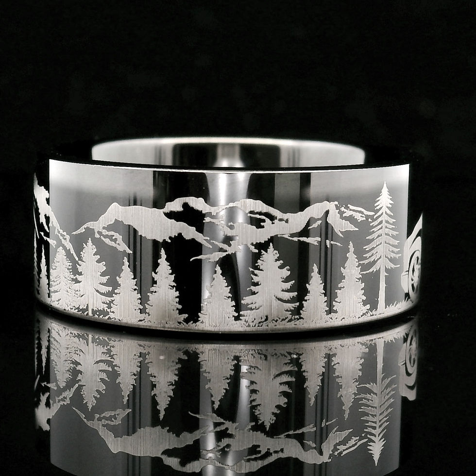Thumbnail: Men’s Tungsten Carbide Ring with Car/Truck Driving in Mountain Range Engraving | Durable Adventure Ring