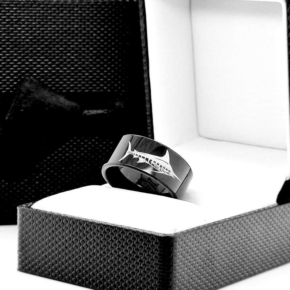 Thumbnail: Mahi Fish Pattern Engraved Black Tungsten Carbide Ring, Mens Ring, Mens Gift, mens wedding bands , mens ring,  Wedding bands