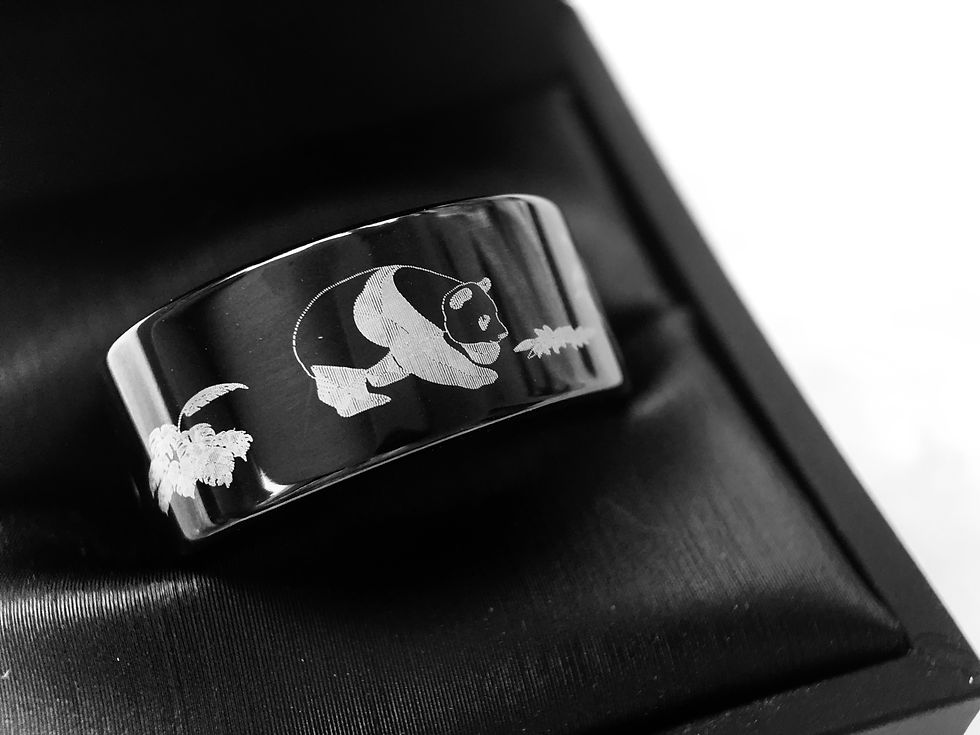 Thumbnail: Cute Panda Bears Engraved Black Tungsten Carbide Ring