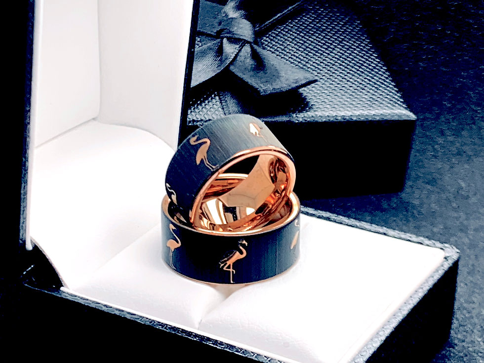 Thumbnail: Flamingo Pattern Engraved Tungsten Carbide Ring, Rose Gold, Unique Wedding Bands